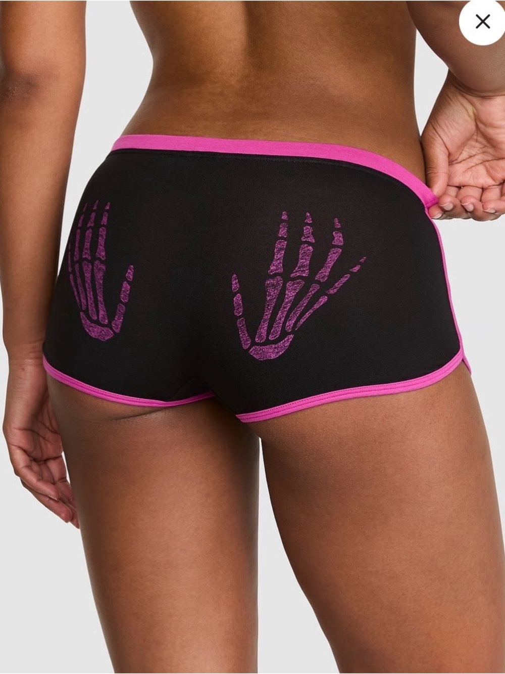PINK Victoria's Secret Black Boyshorts with Pink Skeleton-Hand Print, Halloween